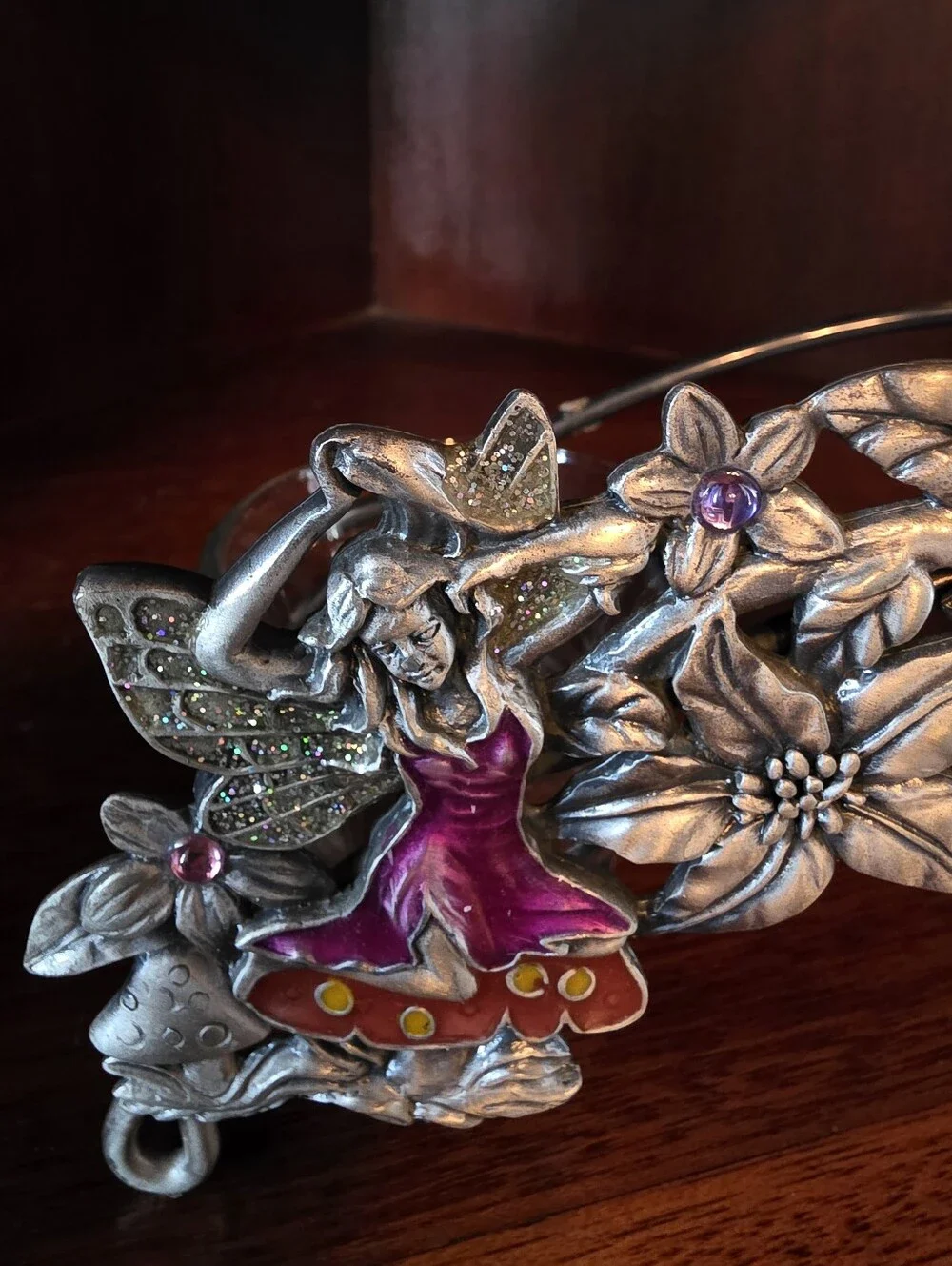 Vintage Westland Fairy Jeweled Pewter Floral Triple Votive Tealight Holder